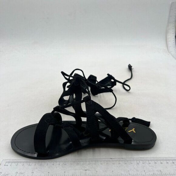 YDN Women Sexy Knee High Lace up Flats Fringe Low Heel Gladiator Strap Sandals - Picture 2 of 8